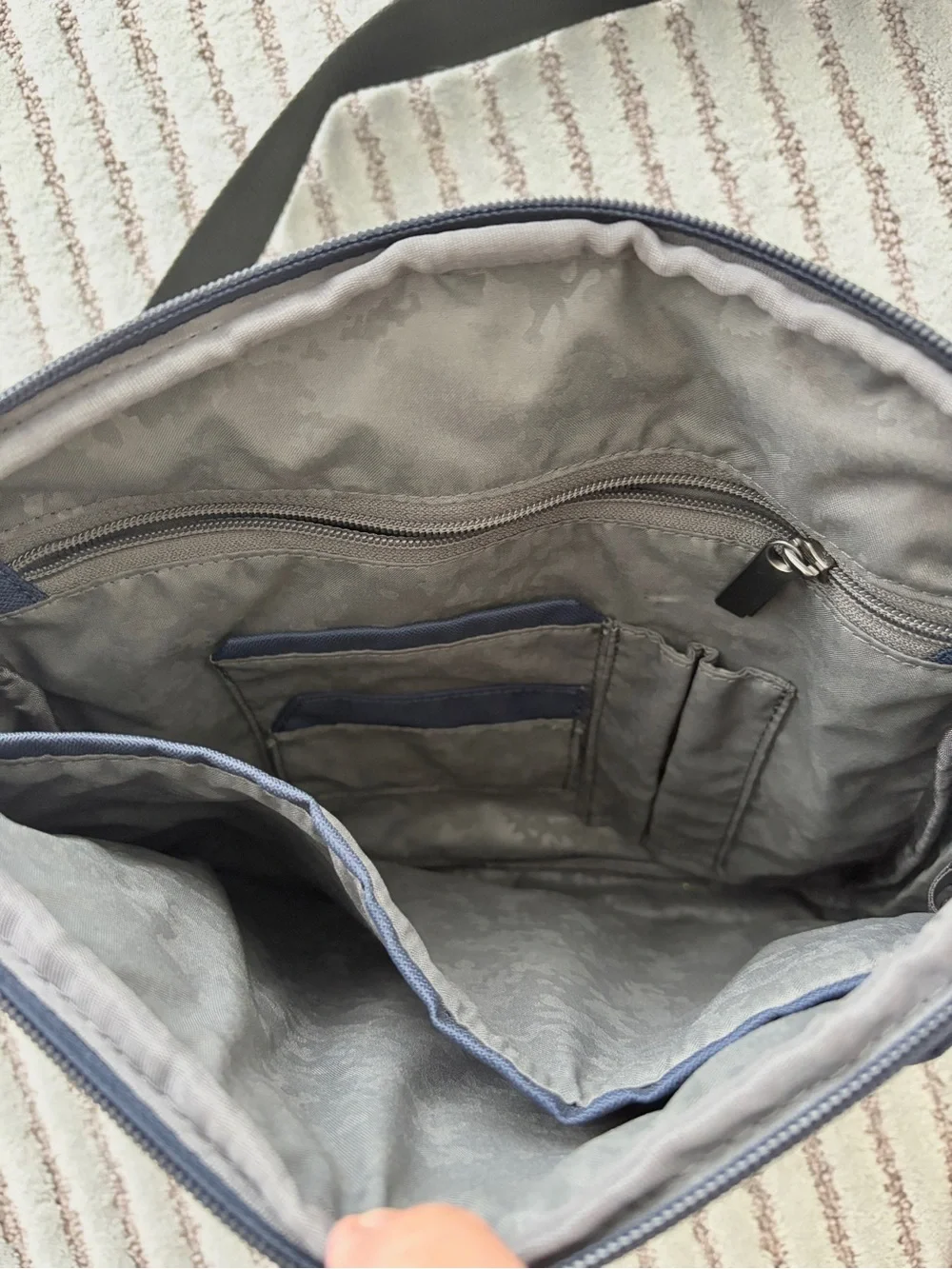 Tumi Navy and Black Crossbody with Tan Logo Patch